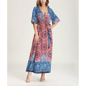 Women V-Neck Split Boho Maxi Wrap Summer Dress Size M with Belt